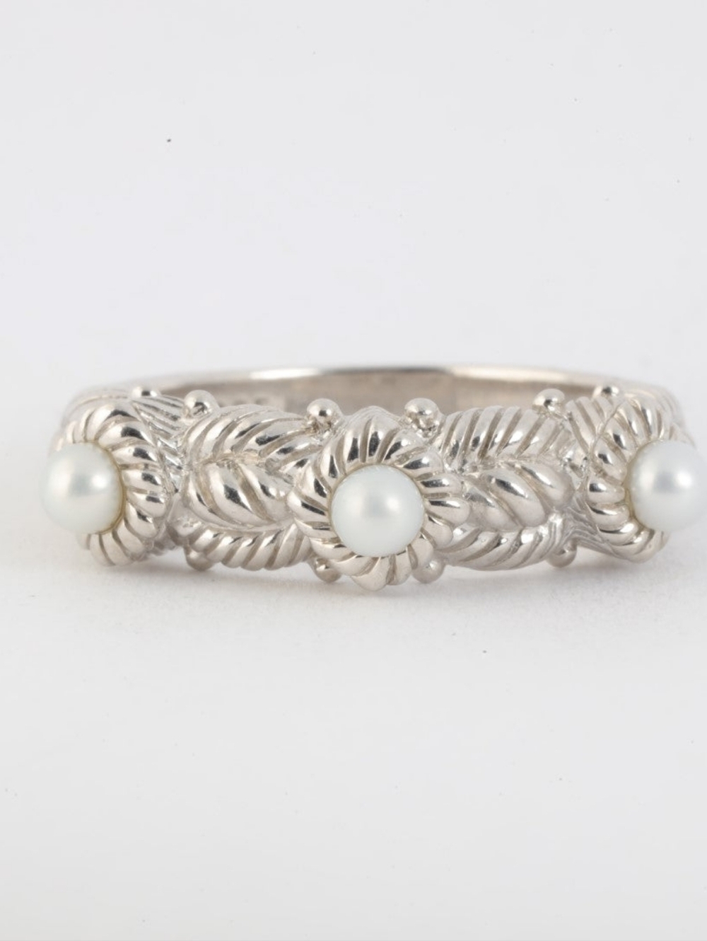 Judith Ripka Gorgeous Ornate Triple Fresh Water White Pearl Trinity Band Ring